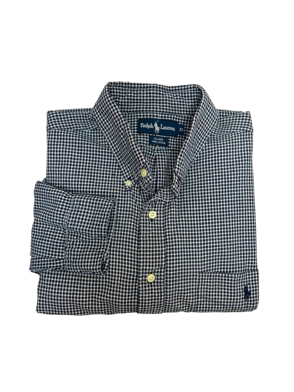 VTG Ralph Lauren‎ BLAIRE Cotton Navy White Gingham Long-Sleeve Buttoned Shirt XL